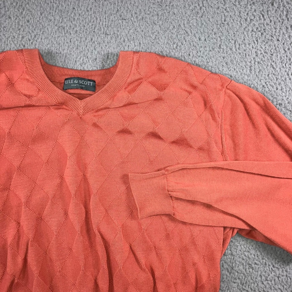 Lyle Scott V Neck Argyle Sweater Men XL Coral‎ 100% Combed Cotton Preppy Golf